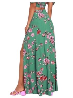 Lulus Away On Vacay Green Pink Floral Print Side Slit Spring Maxi Skirt Size XS